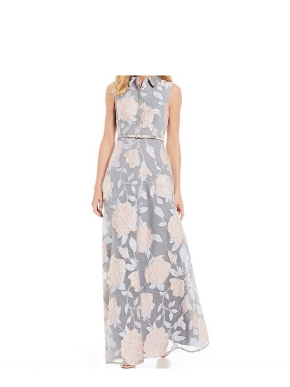 Badgley Mischka Gray Maxi Dress with Blush Floral Print